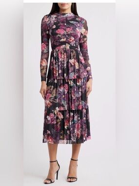 Anne Klein Black Floral Tiered Maxi Dress